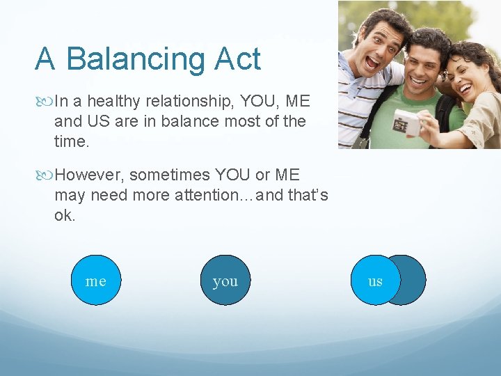 A Balancing Act In a healthy relationship, YOU, ME and US are in balance