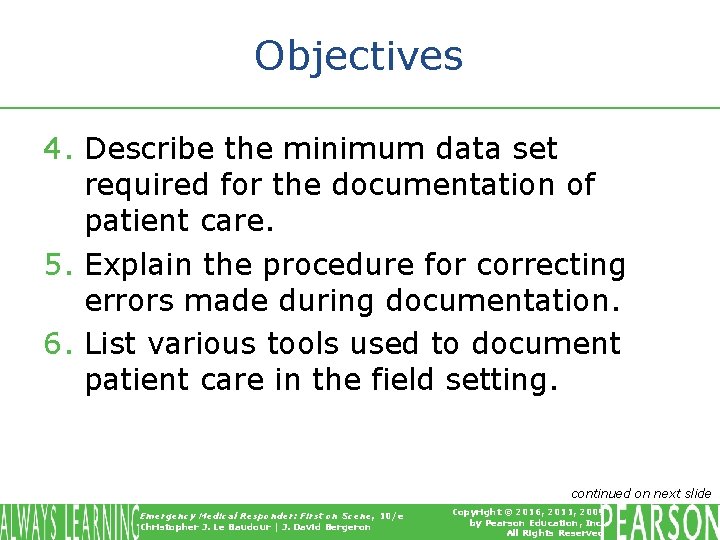 Objectives 4. Describe the minimum data set required for the documentation of patient care. Objectives 4. Describe the minimum data set required for the documentation of patient care.