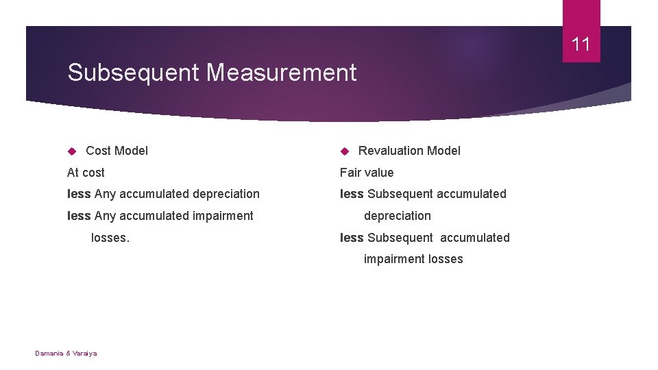 11 Subsequent Measurement Cost Model Revaluation Model At cost Fair value less Any accumulated