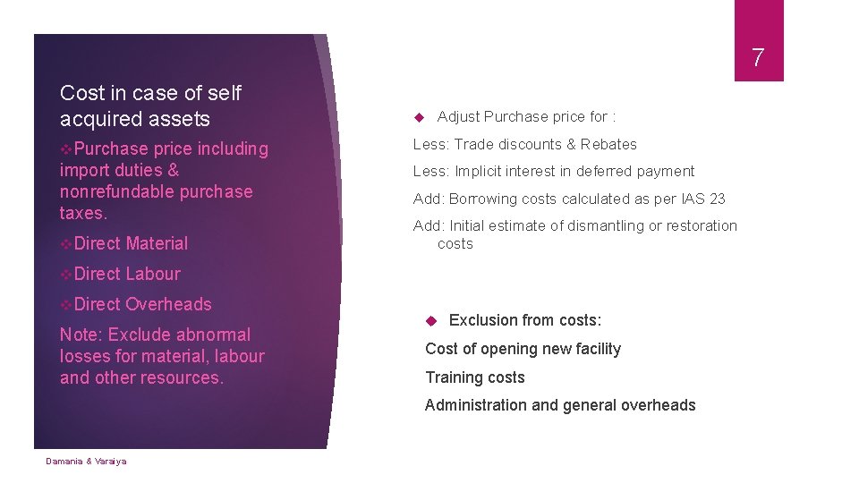 7 Cost in case of self acquired assets v. Purchase Less: Trade discounts &