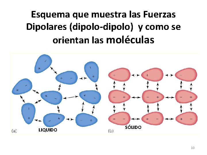 Esquema que muestra las Fuerzas Dipolares (dipolo-dipolo) y como se orientan las moléculas LIQUIDO