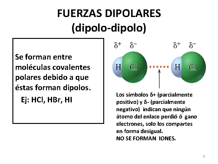 FUERZAS DIPOLARES (dipolo-dipolo) Se forman entre moléculas covalentes polares debido a que éstas forman
