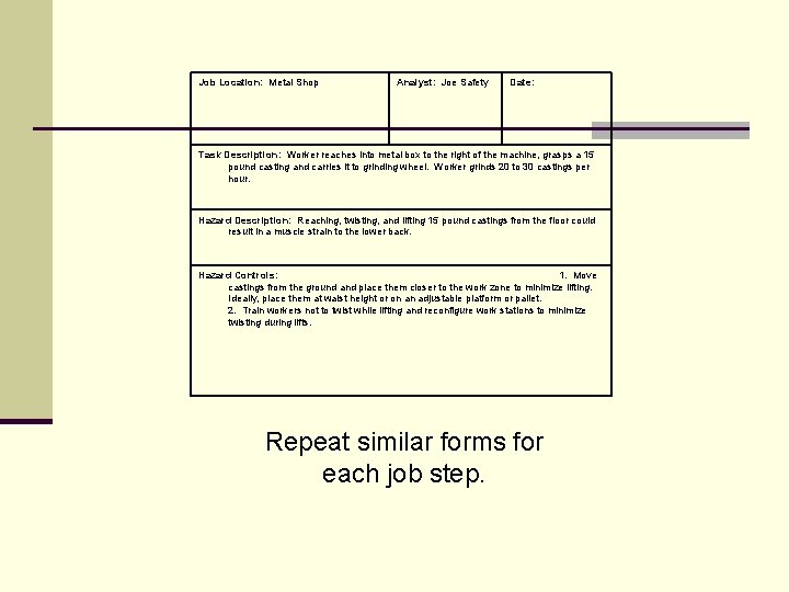 Job Location: Metal Shop Analyst: Joe Safety Date: Task Description: Worker reaches into metal