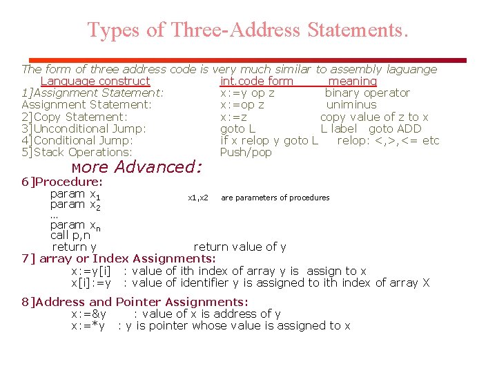 Types of Three-Address Statements. The form of three address code is very much similar