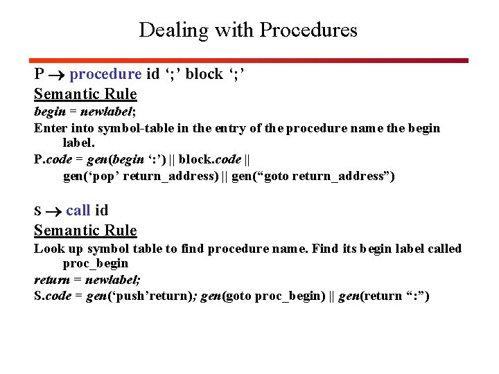 Dealing with Procedures P procedure id ‘; ’ block ‘; ’ Semantic Rule begin