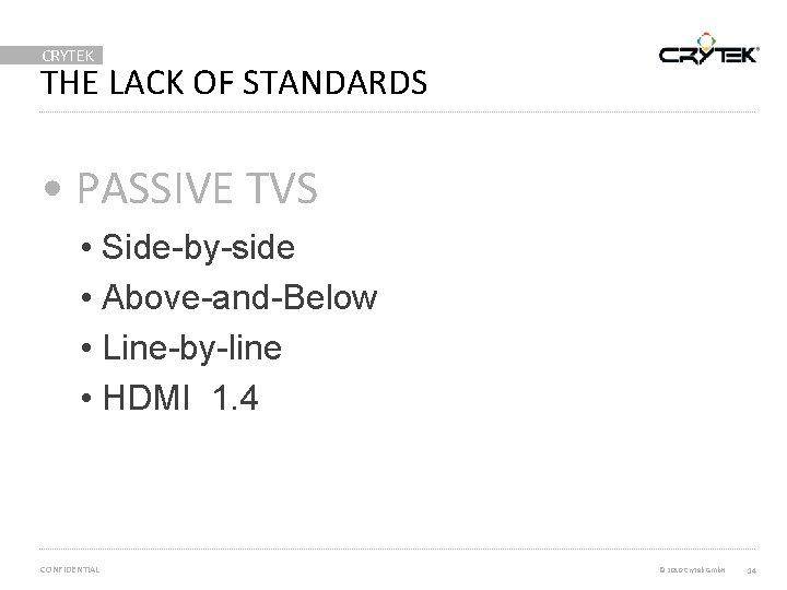 CRYTEK THE LACK OF STANDARDS • PASSIVE TVS • Side-by-side • Above-and-Below • Line-by-line