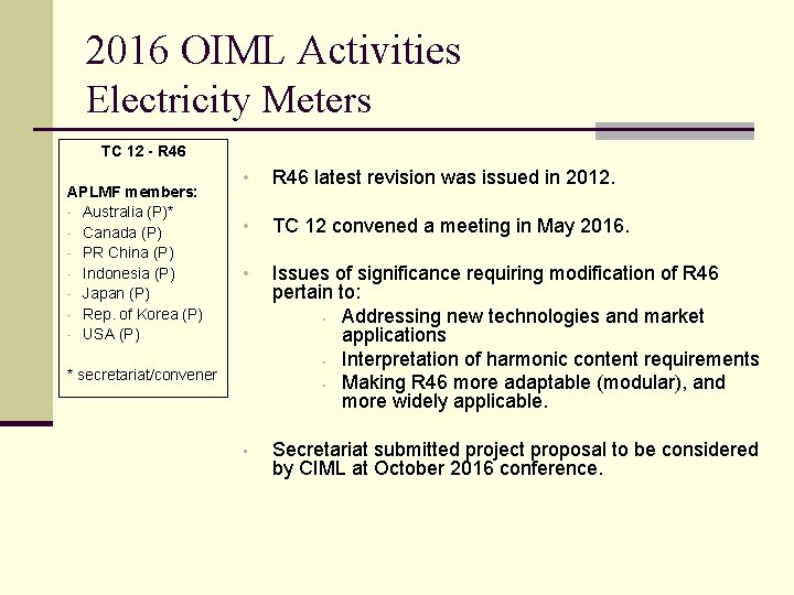 Oiml R46 AsiaPacific Legal Metrology Forum 23 rd Meeting November