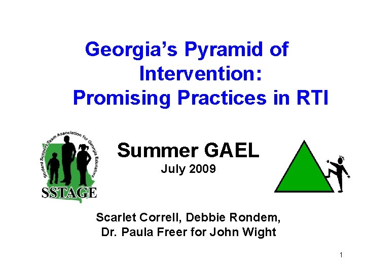 Georgia’s Pyramid of Intervention: Promising Practices in RTI Summer GAEL July 2009 Scarlet Correll,
