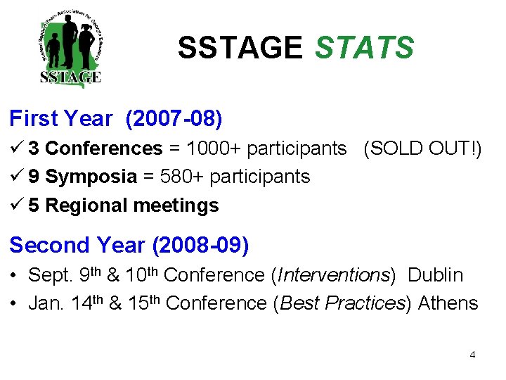 SSTAGE STATS First Year (2007 -08) ü 3 Conferences = 1000+ participants (SOLD OUT!)