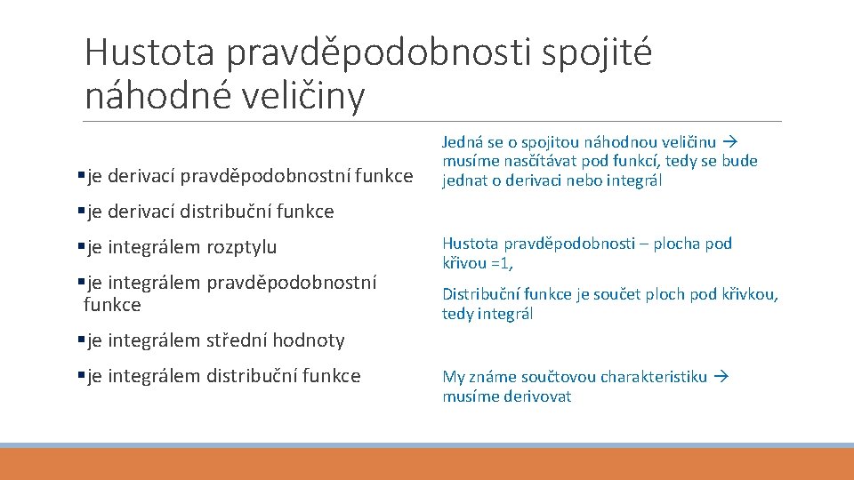 Hustota pravděpodobnosti spojité náhodné veličiny §je derivací pravděpodobnostní funkce Jedná se o spojitou náhodnou