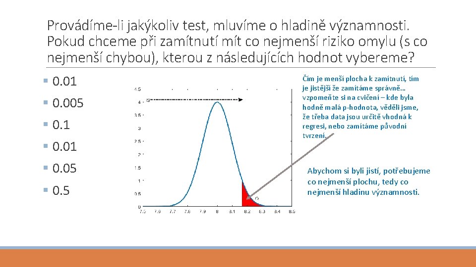 Provádíme-li jakýkoliv test, mluvíme o hladině významnosti. Pokud chceme při zamítnutí mít co nejmenší