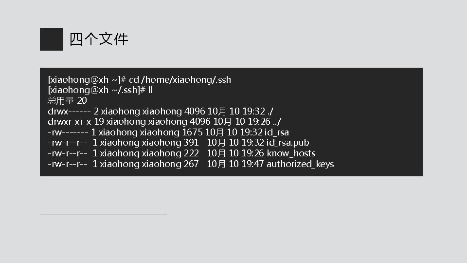 四个文件 [xiaohong@xh ~]# cd /home/xiaohong/. ssh [xiaohong@xh ~/. ssh]# ll 总用量 20 drwx------ 2