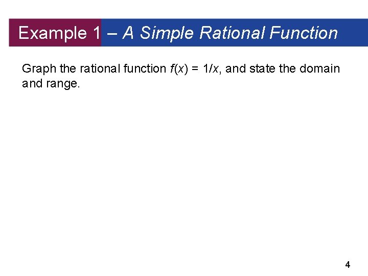 Example 1 – A Simple Rational Function Graph the rational function f (x) =