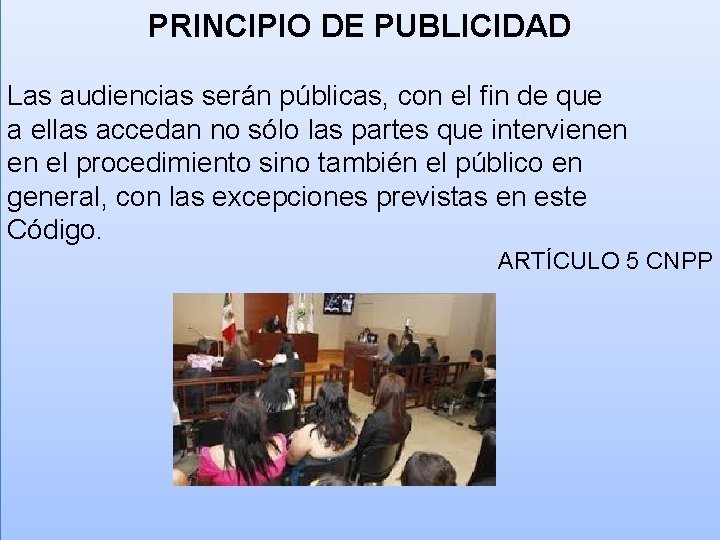 PRINCIPIO DE PUBLICIDAD Las audiencias serán públicas, con el fin de que a ellas