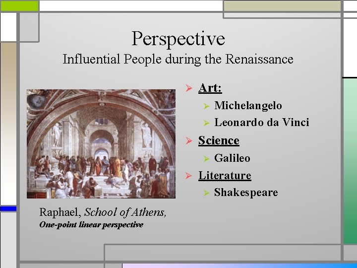 Perspective Influential People during the Renaissance Ø Art: Ø Ø Ø Michelangelo Leonardo da