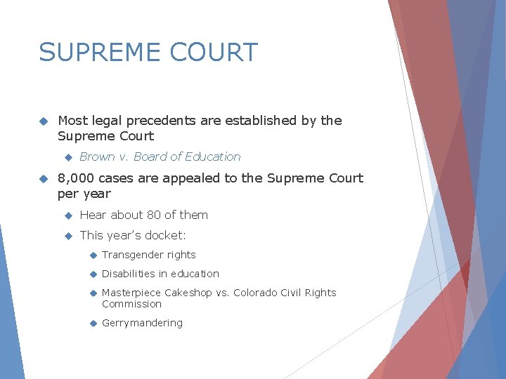 SUPREME COURT Most legal precedents are established by the Supreme Court Brown v. Board