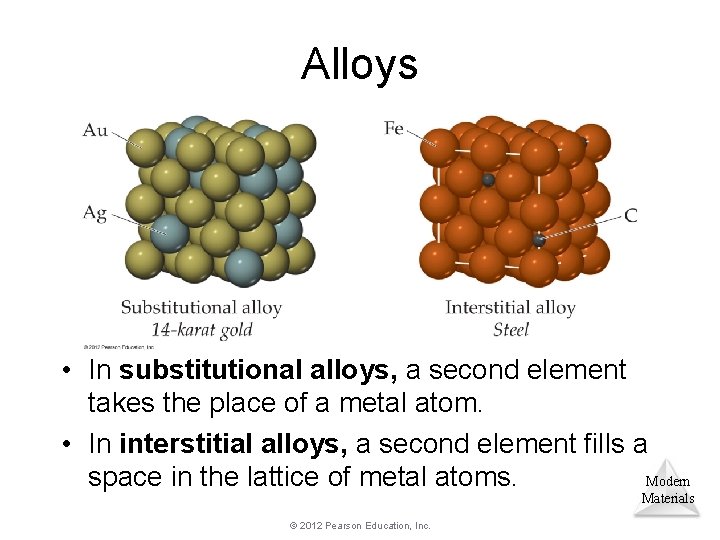 Alloys • In substitutional alloys, a second element takes the place of a metal