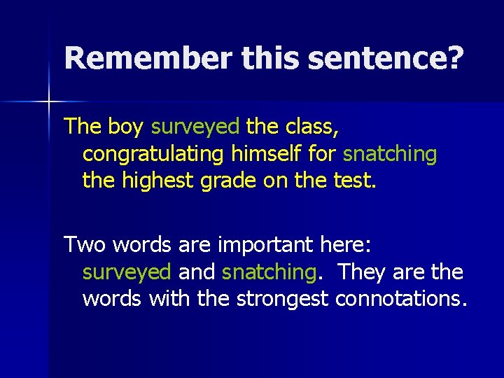 Remember this sentence? The boy surveyed the class, congratulating himself for snatching the highest