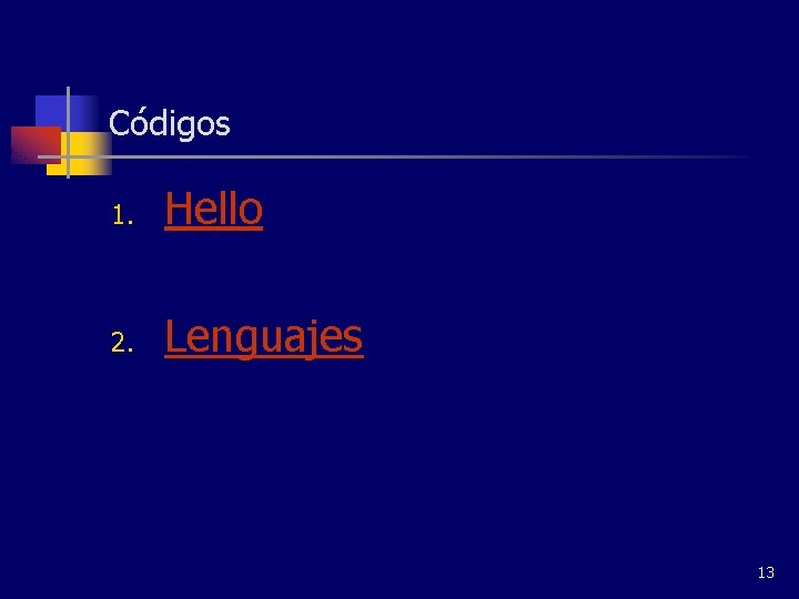 Códigos 1. Hello 2. Lenguajes 13 