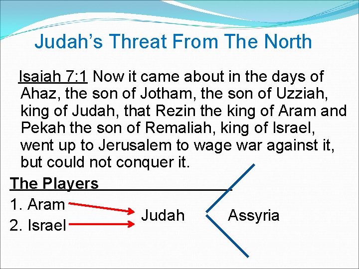 Judah’s Threat From The North Isaiah 7: 1 Now it came about in the