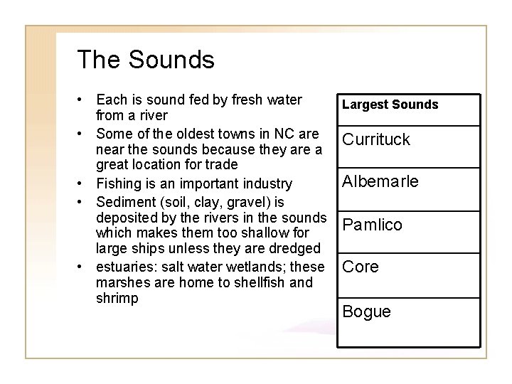 The Sounds • Each is sound fed by fresh water from a river •