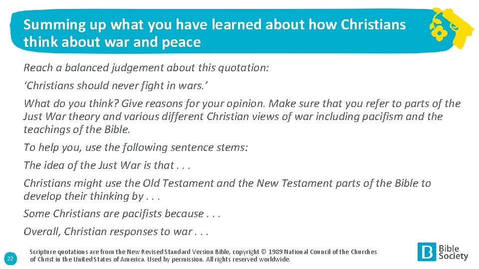 Summing up what you have learned about how Christians think about war and peace