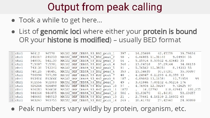 Output from peak calling ● Took a while to get here… ● List of