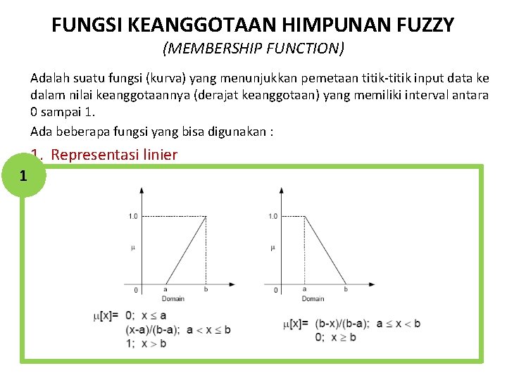 FUNGSI KEANGGOTAAN HIMPUNAN FUZZY (MEMBERSHIP FUNCTION) Adalah suatu fungsi (kurva) yang menunjukkan pemetaan titik-titik