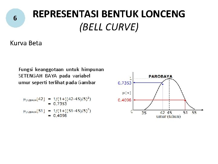 6 REPRESENTASI BENTUK LONCENG (BELL CURVE) Kurva Beta Fungsi keanggotaan untuk himpunan SETENGAH BAYA