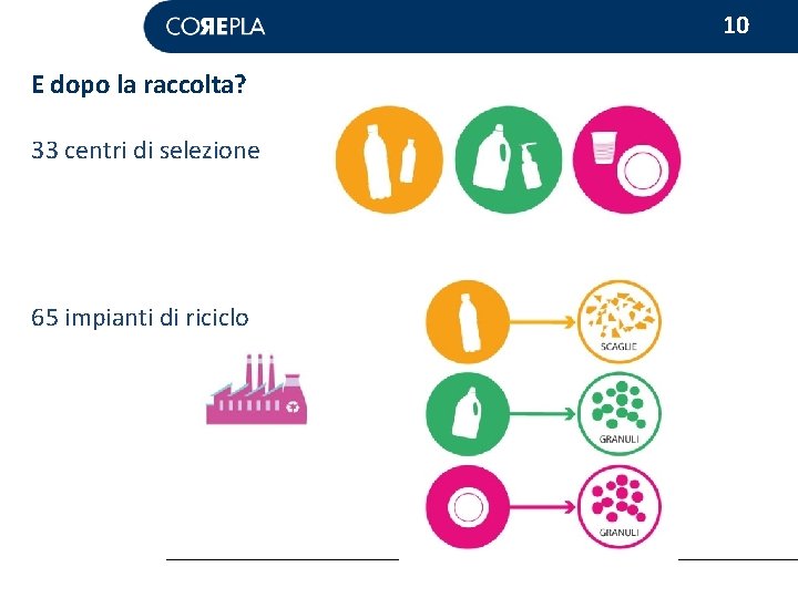 10 E dopo la raccolta? 33 centri di selezione 65 impianti di riciclo 