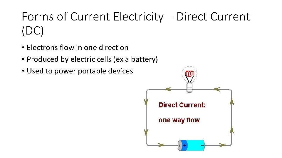 Forms of Current Electricity – Direct Current (DC) • Electrons flow in one direction