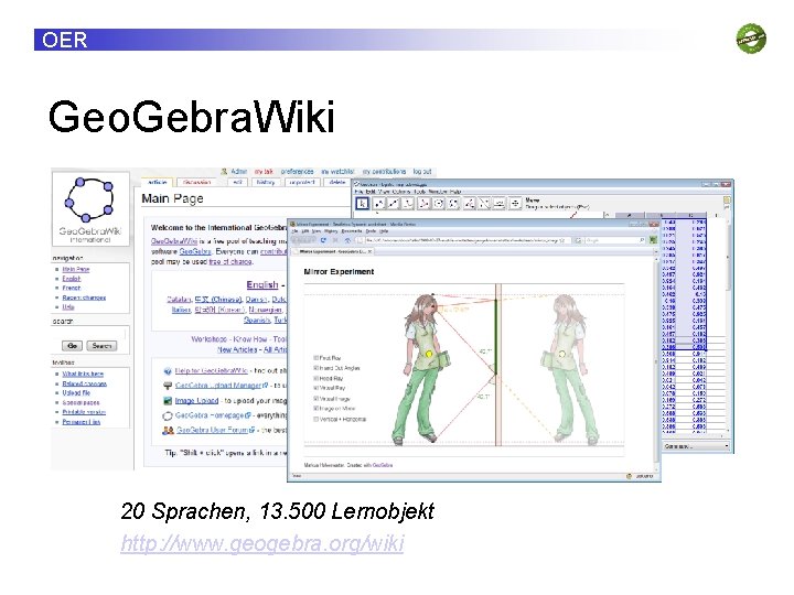 OER Geo. Gebra. Wiki 20 Sprachen, 13. 500 Lernobjekt http: //www. geogebra. org/wiki 