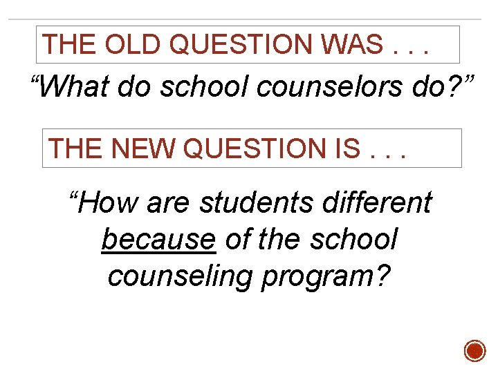 THE OLD QUESTION WAS. . . “What do school counselors do? ” THE NEW THE OLD QUESTION WAS. . . “What do school counselors do? ” THE NEW
