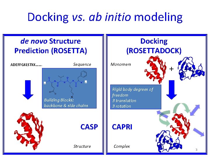 Docking vs. ab initio modeling de novo Structure Prediction (ROSETTA) ADEFFGKLSTKK……. Sequence Building Blocks: