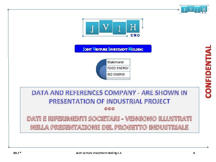 J V I H CONFIDENTIAL UNO JOINT VENTURE INVESTMENT HOLDING Bio. Almond FOOD ENERGY