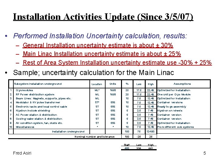 Installation Activities Update (Since 3/5/07) • Performed Installation Uncertainty calculation, results: – General Installation