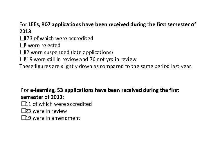 For LEEs, 807 applications have been received during the first semester of 2013: �