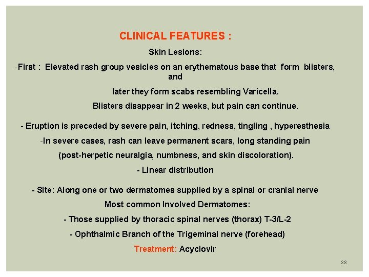 CLINICAL FEATURES : Skin Lesions: -First : Elevated rash group vesicles on an erythematous