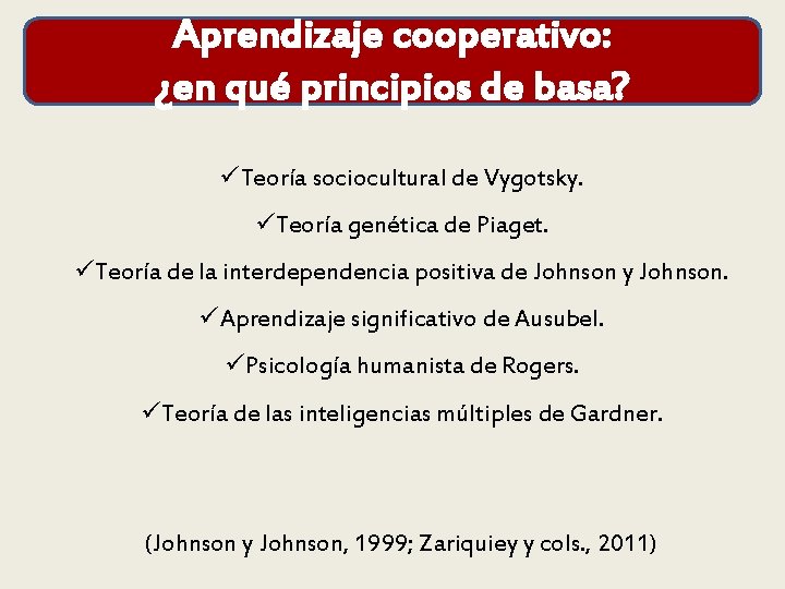 Aprendizaje cooperativo: ¿en qué principios de basa? üTeoría sociocultural de Vygotsky. üTeoría genética de