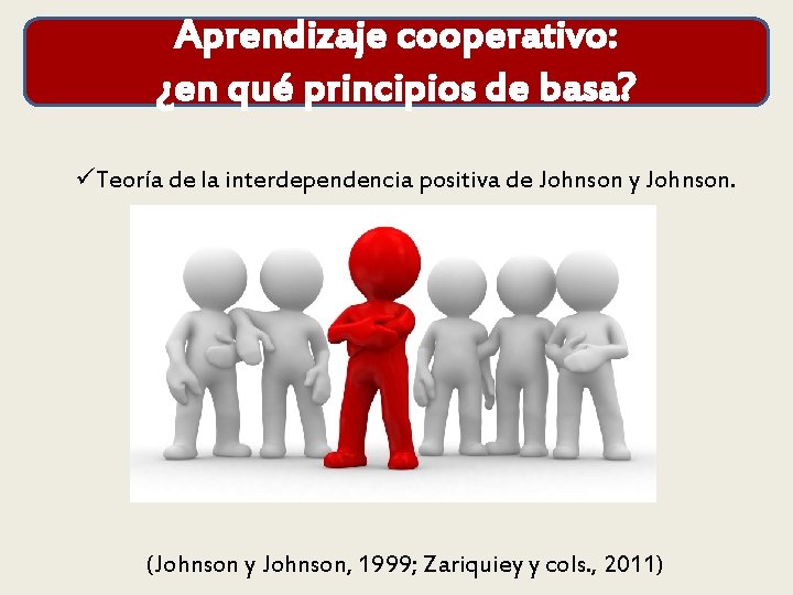 Aprendizaje cooperativo: ¿en qué principios de basa? üTeoría de la interdependencia positiva de Johnson