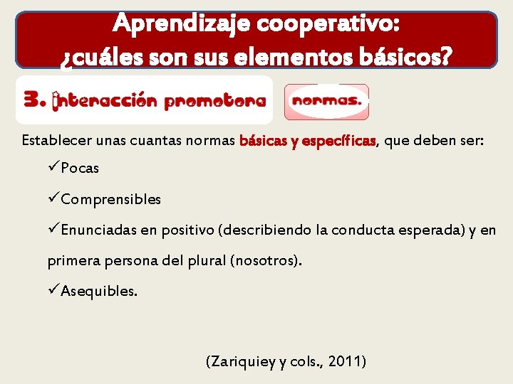 Aprendizaje cooperativo: ¿cuáles son sus elementos básicos? Establecer unas cuantas normas básicas y específicas,