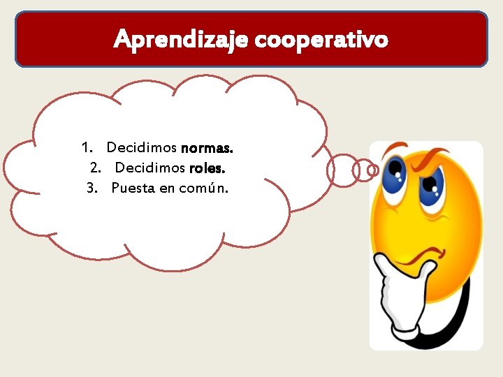 Aprendizaje cooperativo 1. Decidimos normas. 2. Decidimos roles. 3. Puesta en común. 