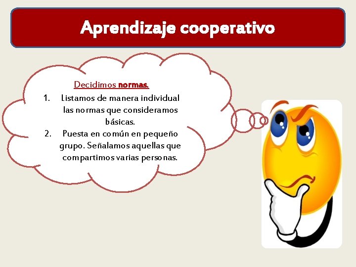 Aprendizaje cooperativo Decidimos normas. 1. Listamos de manera individual las normas que consideramos básicas.