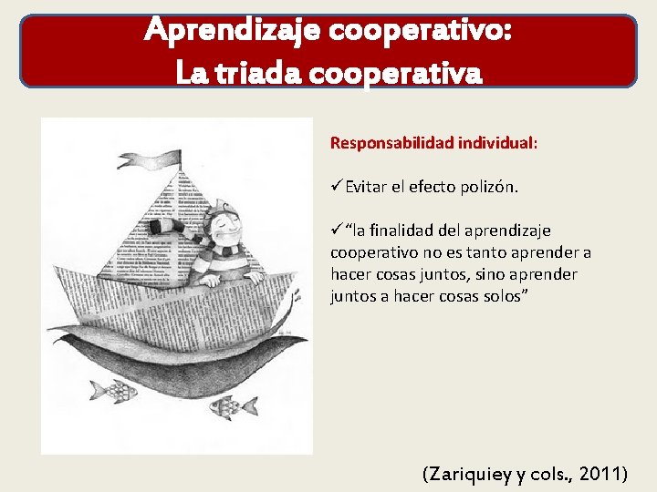 Aprendizaje cooperativo: La triada cooperativa Responsabilidad individual: üEvitar el efecto polizón. ü“la finalidad del