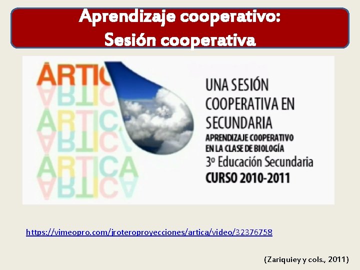 Aprendizaje cooperativo: Sesión cooperativa https: //vimeopro. com/jroteroproyecciones/artica/video/32376758 (Zariquiey y cols. , 2011) 