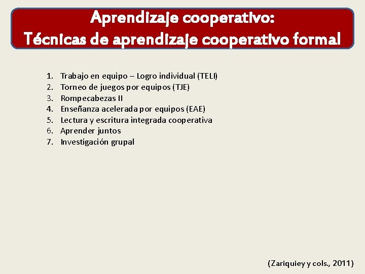 Aprendizaje cooperativo: Técnicas de aprendizaje cooperativo formal 1. 2. 3. 4. 5. 6. 7.