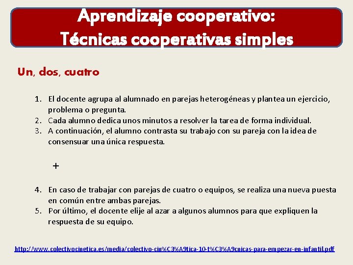 Aprendizaje cooperativo: Técnicas cooperativas simples Un, dos, cuatro 1. El docente agrupa al alumnado