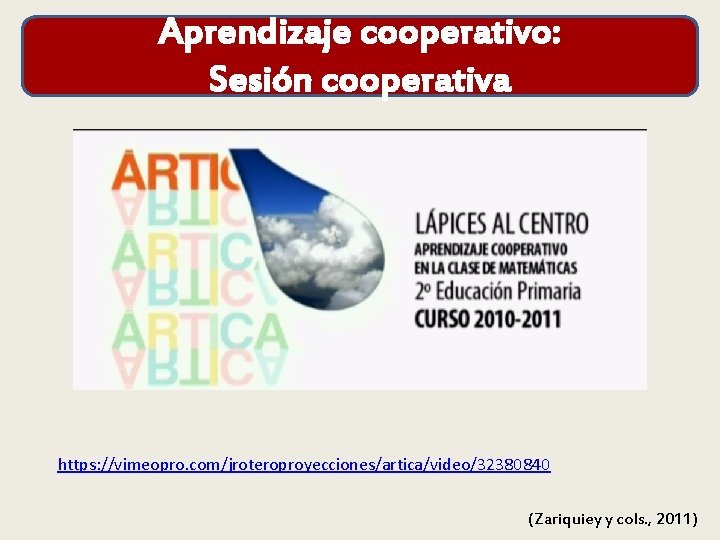 Aprendizaje cooperativo: Sesión cooperativa https: //vimeopro. com/jroteroproyecciones/artica/video/32380840 (Zariquiey y cols. , 2011) 