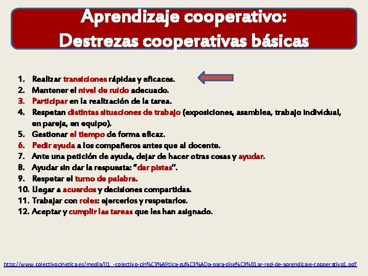 Aprendizaje cooperativo: Destrezas cooperativas básicas 1. 2. 3. 4. Realizar transiciones rápidas y eficaces.