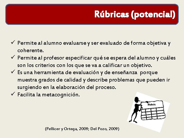 Rúbricas (potencial) ü Permite al alumno evaluarse y ser evaluado de forma objetiva y